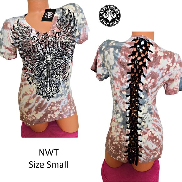 NWT AFFLICTION Sistine Sexy Lace Up Back Rhinestone Graphic V-Neck TShirt Small - Picture 1 of 14